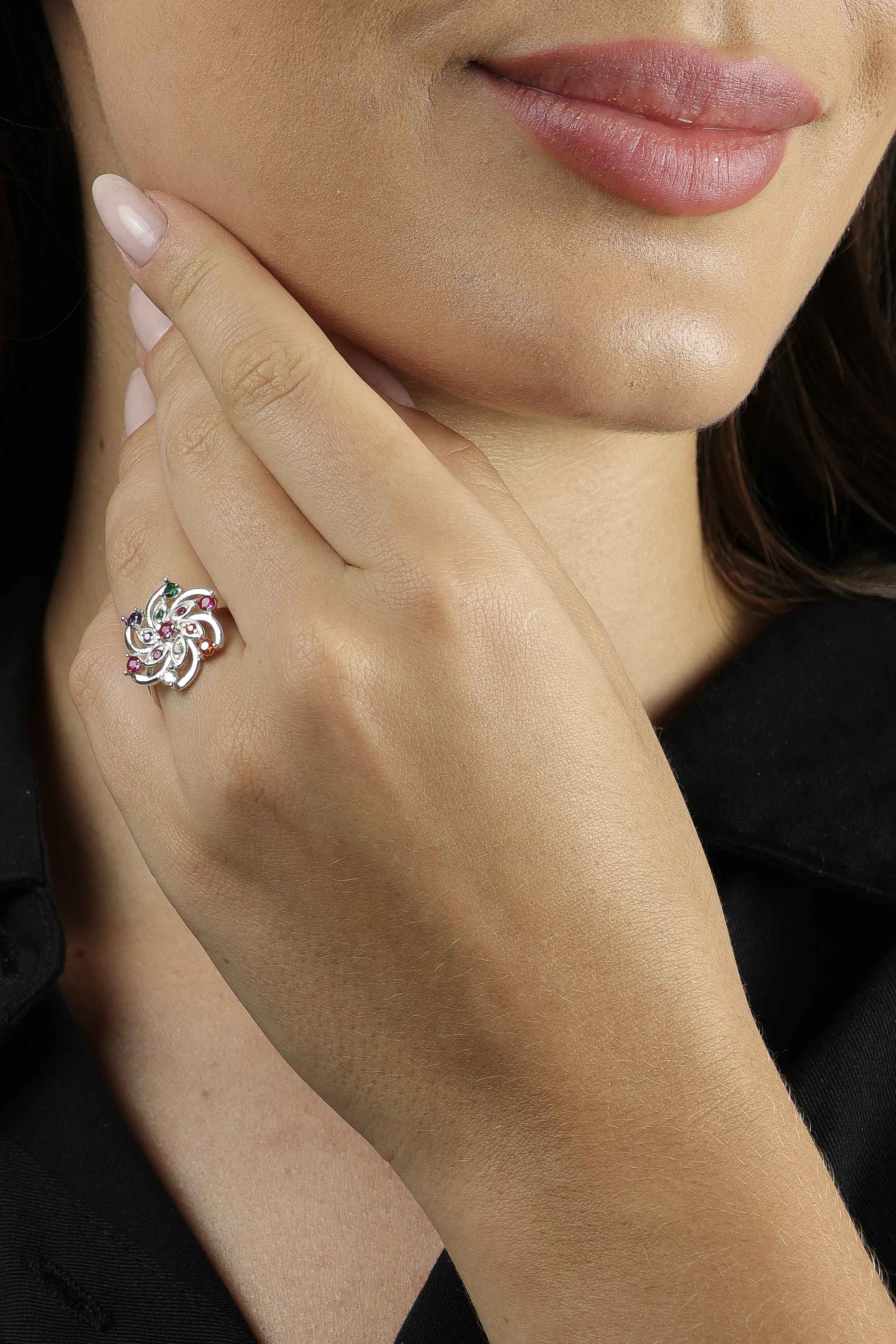 ANEL PRATA FLOR VAZADA ZIRCÔNIA MULTICOLOR GROSSETO — foto 1