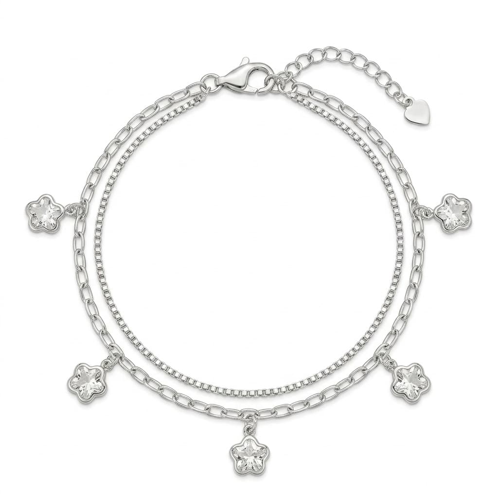 PULSEIRA 18CM PRATA DUPLA ELO VENEZIANA E ELO CARTIER FLORES CRISTAL