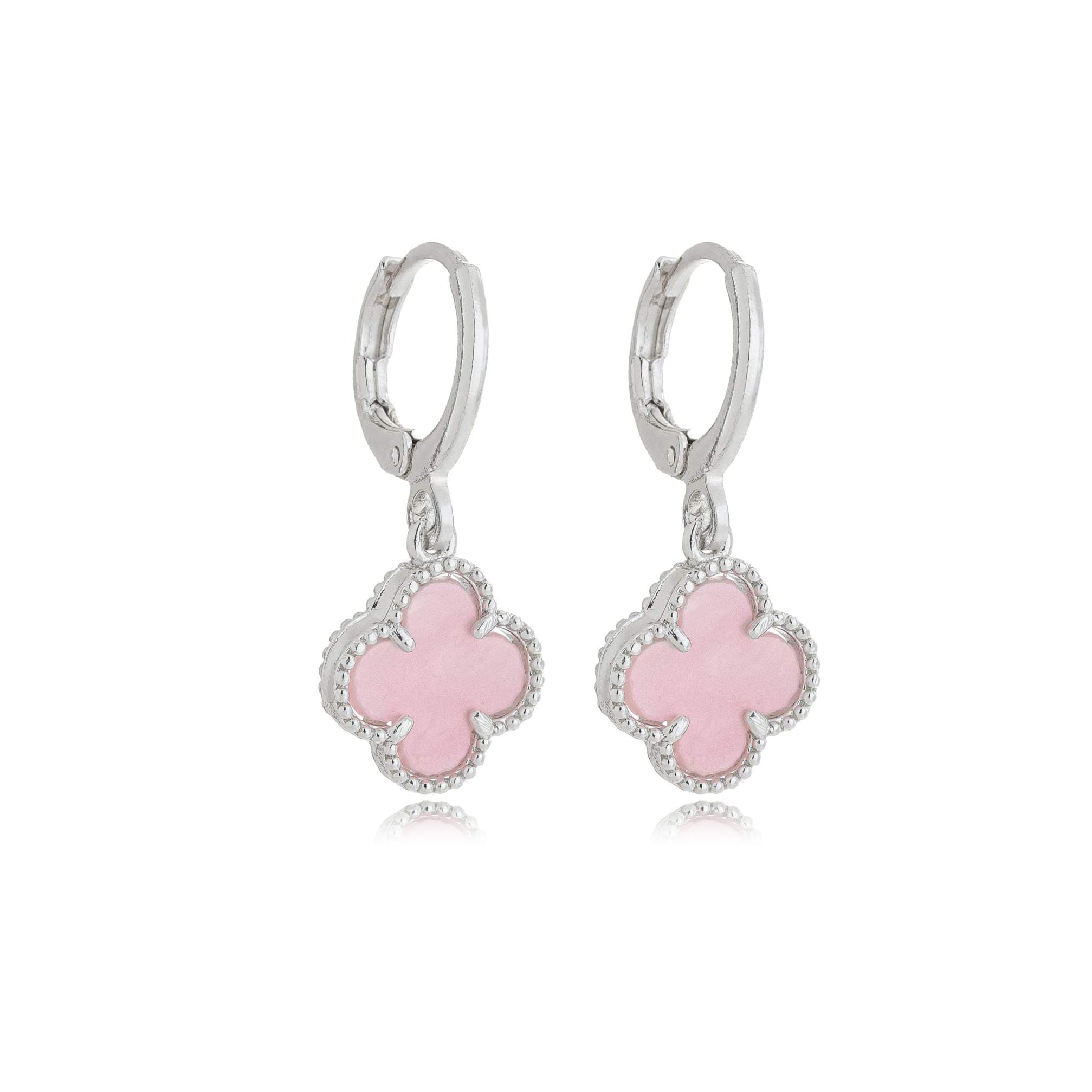 BRINCO PRATA ARGOLA TREVO QUARTZO ROSA NAPOLI — foto 1