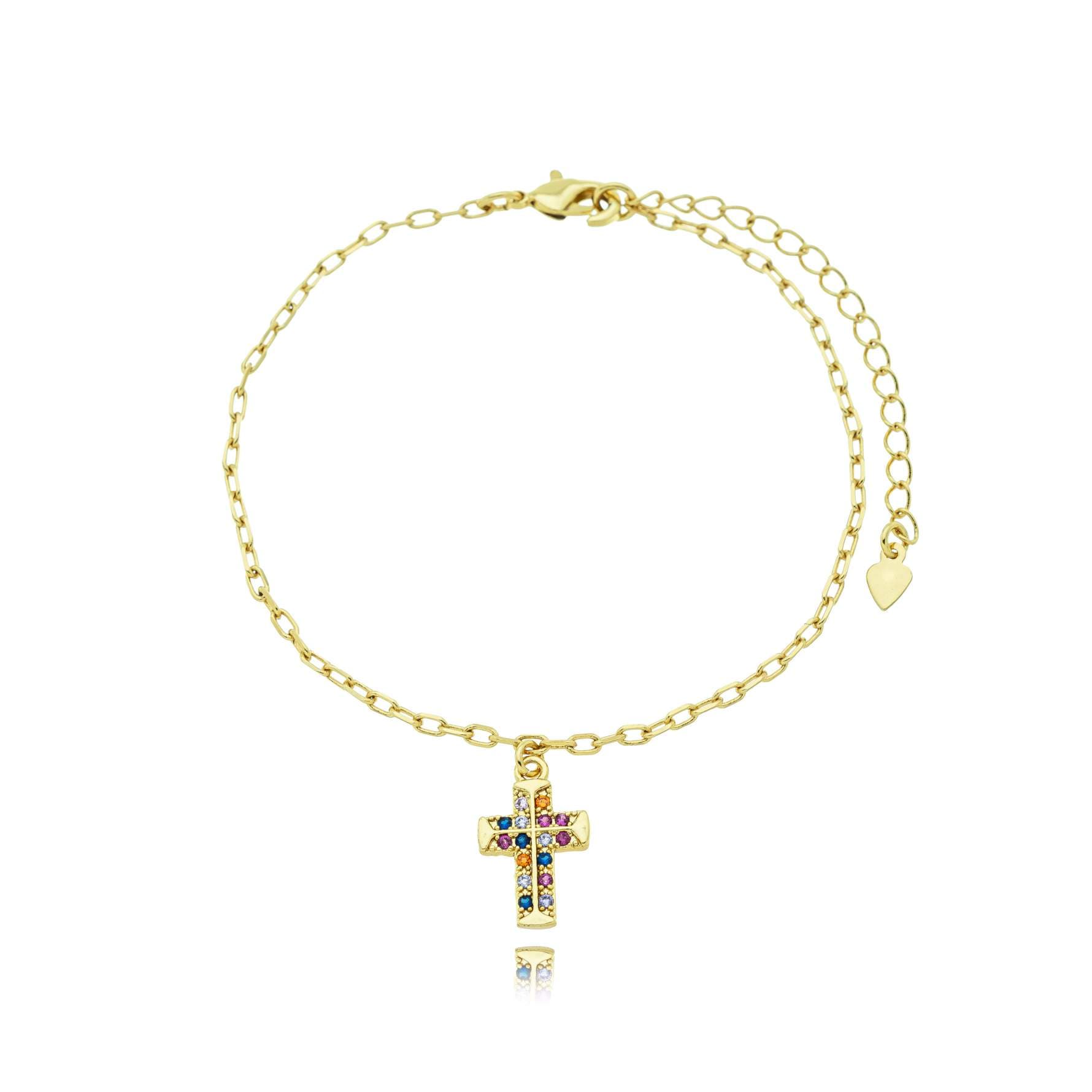 PULSEIRA ELO CADEAD ALONGADO CRUZ CRAVEJADA MULTICOLOR 18CM CARPI — foto 1