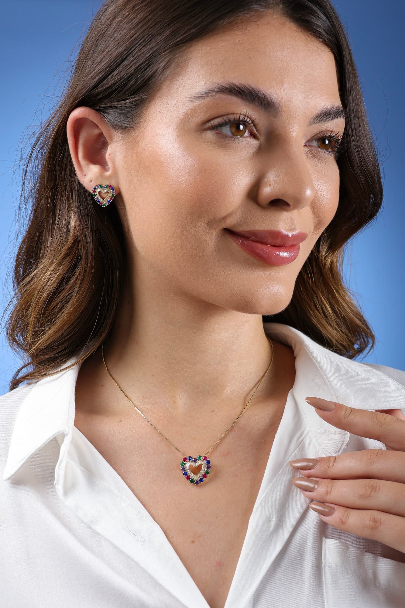 CONJUNTO COLAR E BRINCO ZIRCÔNIA MULTICOLOR CORAÇÃO TRAPANI — foto 2