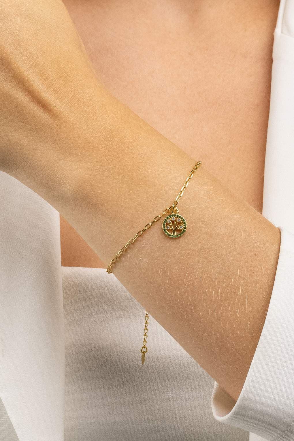 PULSEIRA ELO CADEADO ALONGADO ÁRVORE DA VIDA CRAVEJADO ESMERALDA 18CM PISA — foto 1