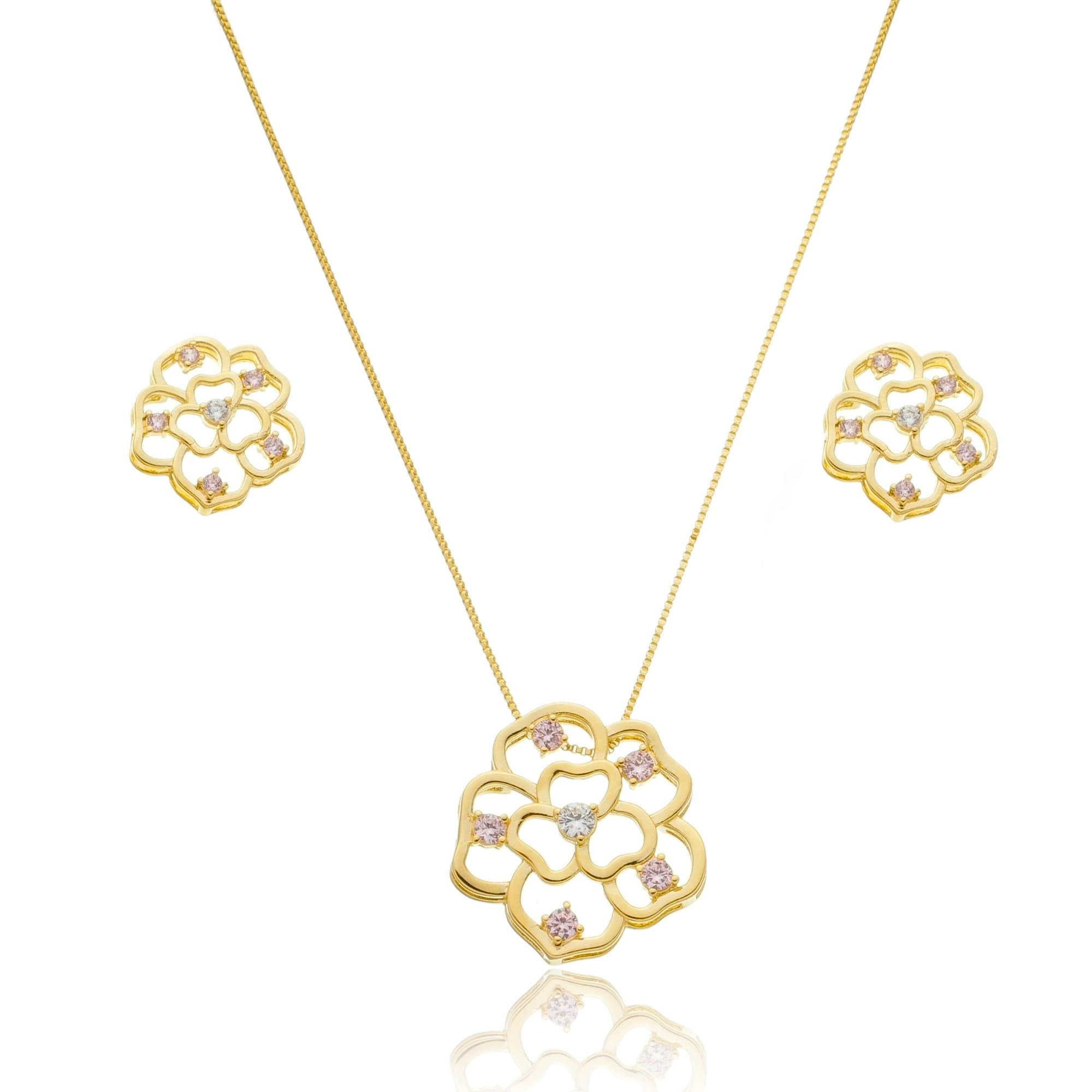 CONJUNTO COLAR E BRINCO FLOR CRAVEJADA TOPÁZIO FUSION FIRENZE — foto 1