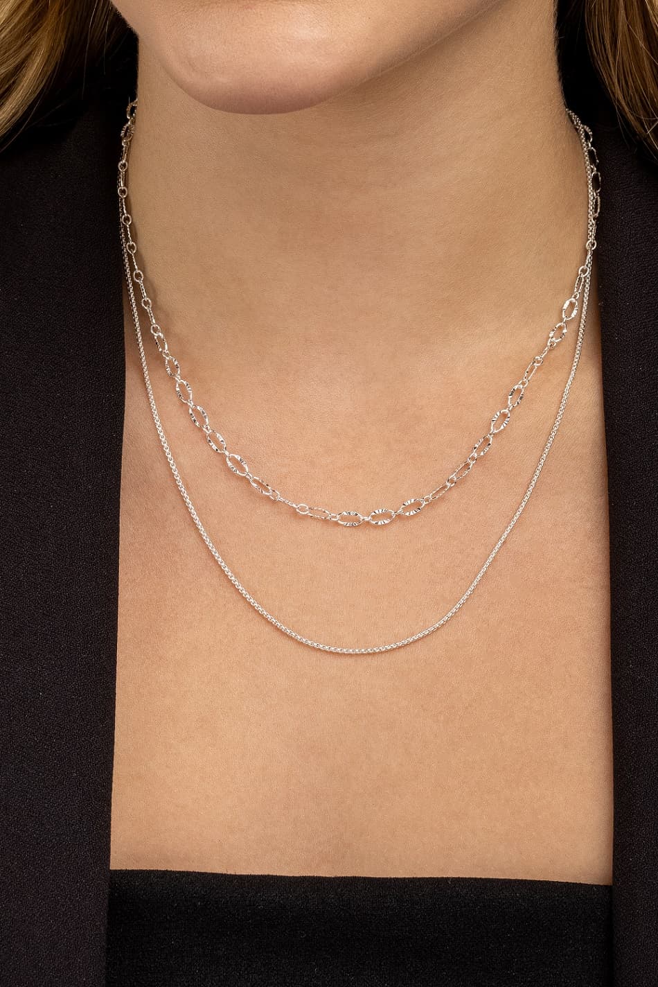 COLAR PRATA 2 FIOS ELO VENEZIANA E ELO OVAL DIAMANTADA 45CM SASSARI — foto 2