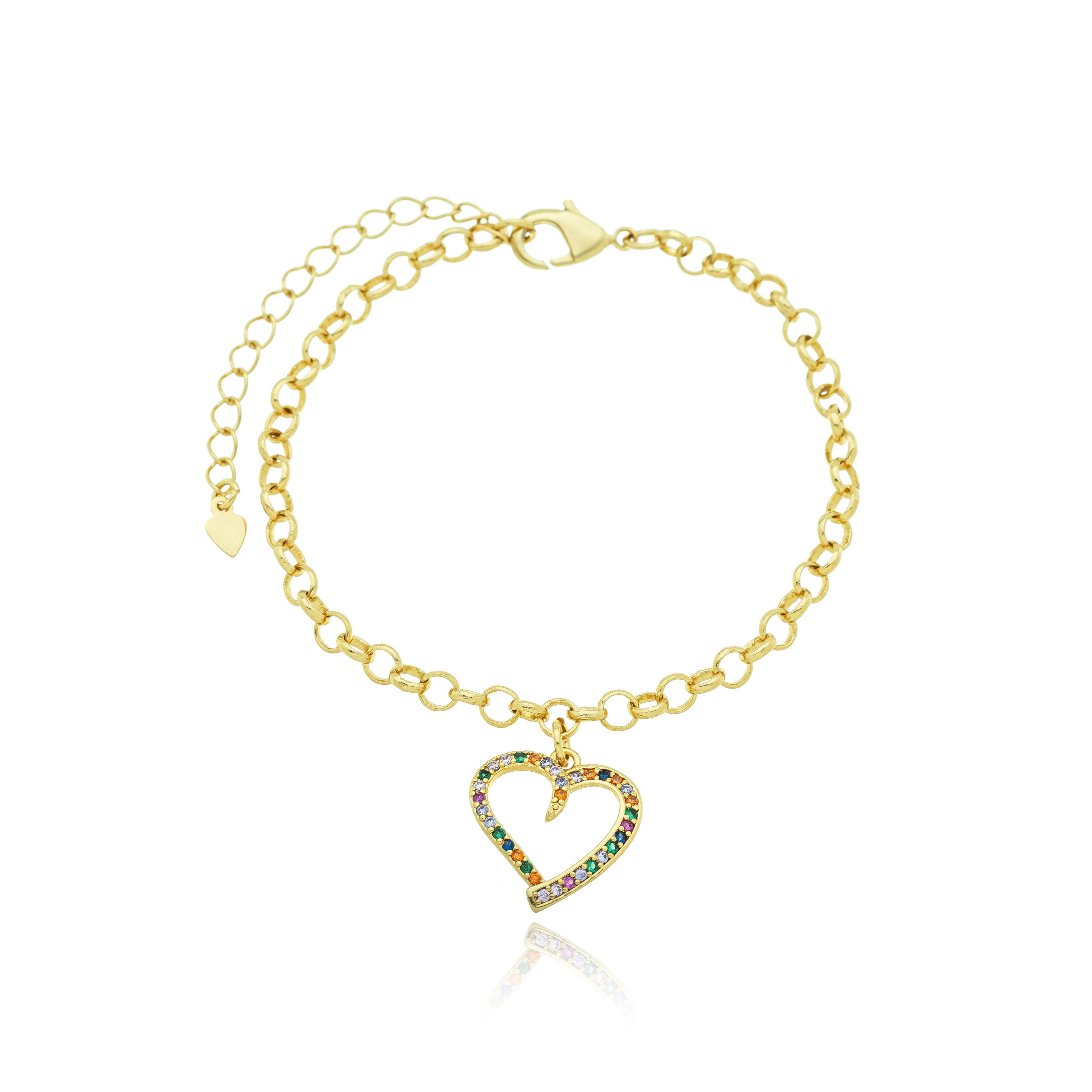 PULSEIRA ELO PORTUGUÊS CORAÇÃO VAZADO CRAVEJADO MULTICOLOR 18CM ASTI — foto 2