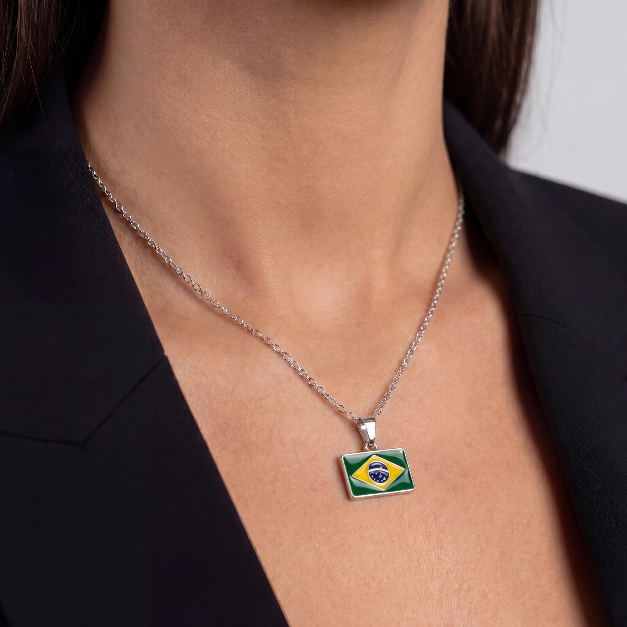 COLAR PRATA ELO CADEADO BANDEIRA DO BRASIL RESINADO COPA 45CM — foto 2