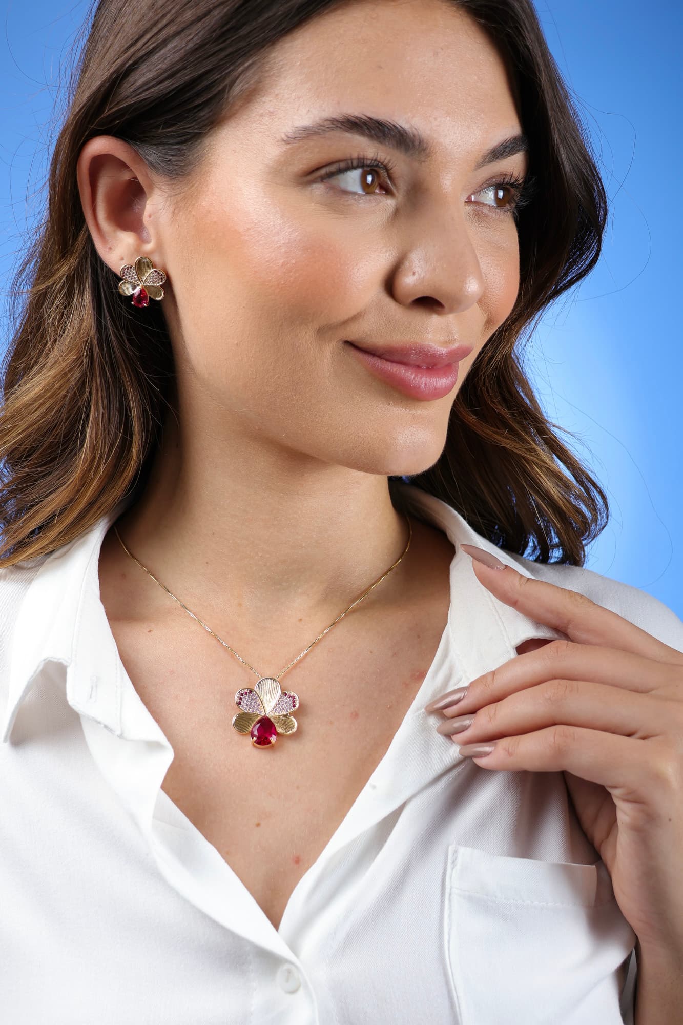 CONJUNTO PINGENTE E BRINCO RUBI FLOR BRESCIA — foto 2