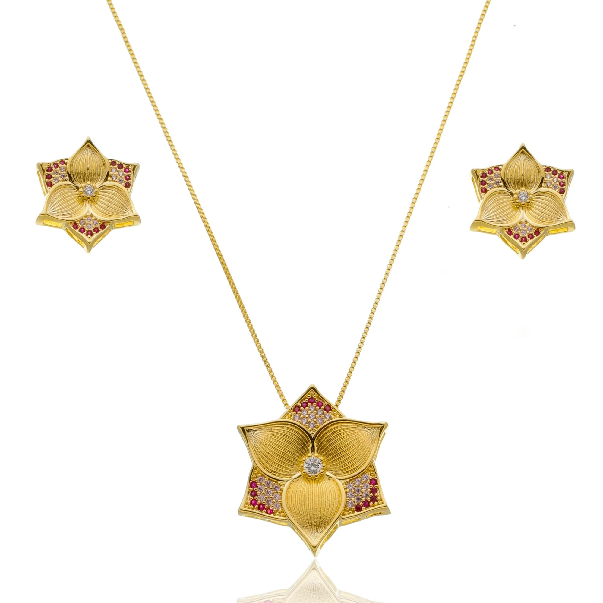 CONJUNTO COLAR E BRINCO ZIRCÔNIA FLOR MODENA 45CM — foto 1