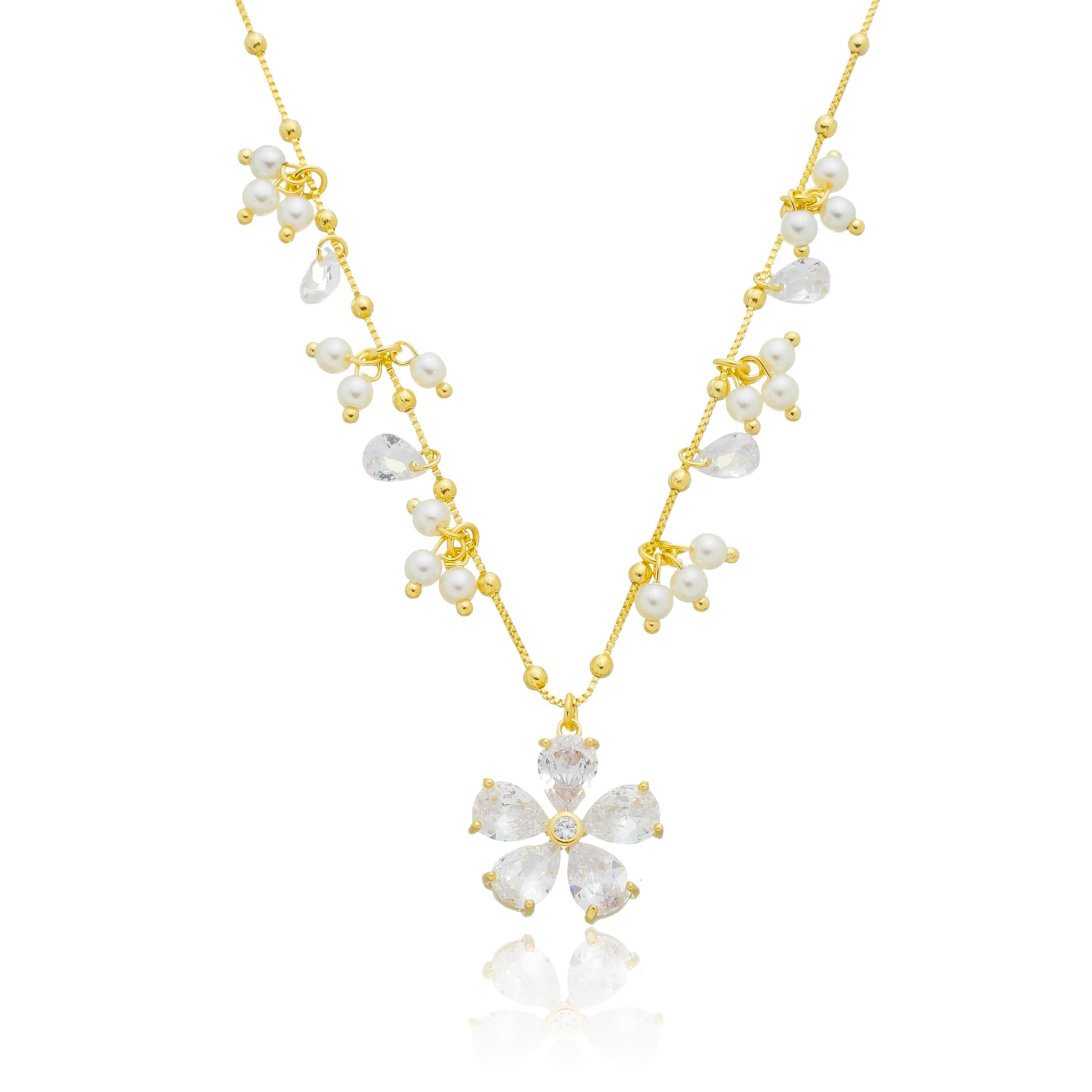 COLAR VENEZIANA COM BOLINHAS PÉROLAS E ZIRCÔNIA FLOR ROMA 40CM — foto 2