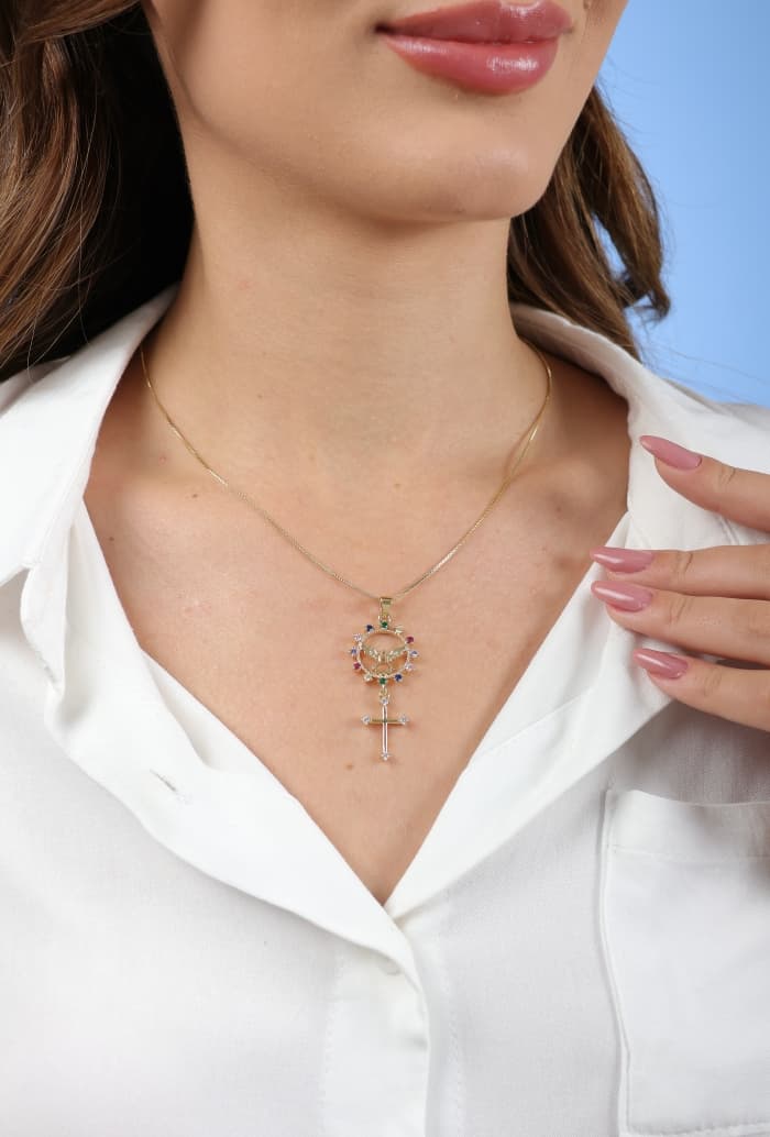 COLAR VENEZIANA COM CRUZ E PÁSSARO ZIRCÔNIA MULTICOLOR ROMA — foto 1