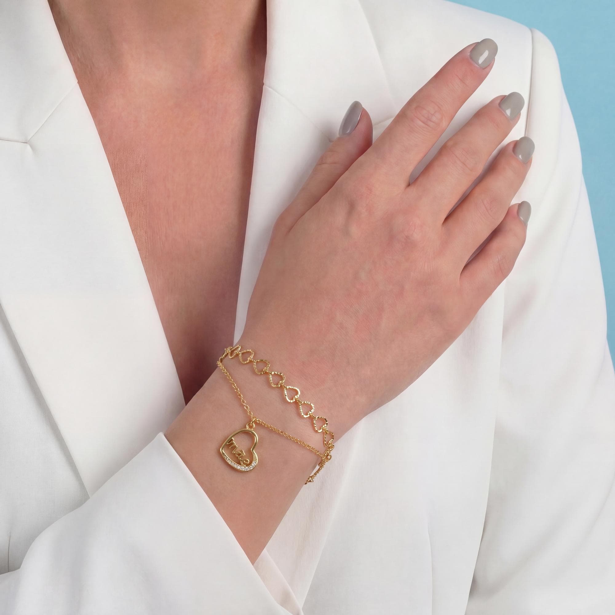 PULSEIRA DUPLA ELO CORAÇÃO DIAMANTADO E ELO CADEADO CORAÇÃO CRAVEJADO MÃE — foto 2
